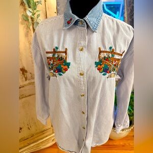 VTG Quizz Again railroad cottagecore stripeshirt w/embroidered autumn details.M